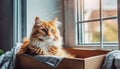 Young lazy red-haired fluffy cat sitting in cardboard box