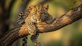 Young leopard cub resting on tree branch in sunlit savanna Royalty Free Stock Photo