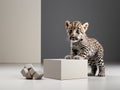 Young leopard cub in a studio photoshoot, skillfully lit against a clean backdrop.