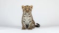 Young leopard Panthera pardus sitting against a white studio backdrop Royalty Free Stock Photo