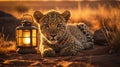 Golden Hour Leopard Cub by Lantern in African Savanna Royalty Free Stock Photo