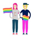 Young lesbian couple with rainbow flag and rainbow heart. LGBT. Romantic relationships and Love