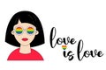 Young lesbian girl in rainbow glasses. LGBT Pride Month. love is love. LGBT flag pride in rainbow colors. Vector