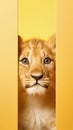 Young lion cub looking at camera with studio yellow background. Royalty Free Stock Photo