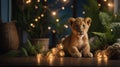 Adorable Lion Cub Posing with Festive Lights and Greenery Royalty Free Stock Photo