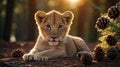 Lion Cub Lounging in the Forest at Sunset with Pine Cones Around It Royalty Free Stock Photo