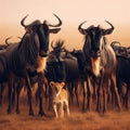 Young lion cub(s) stand among wildebeest