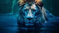 Mysterious Jungle: King Lion\'s Surrealistic Swim In Blue Water