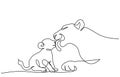 Young lioness with lion cub one line drawing