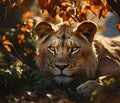 Lioness looking for prey, Portrait of a cute Lioness, close up - AI generated