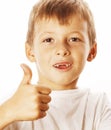 Young little boy isolated thumbs up on white gesturing