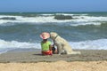 Young Little Girl And Golden Retriever Dog Sitting On The Beach.Girl Sitting Alone With Her Dog. Royalty Free Stock Photo