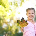 Young little girl hold fall leaves in hands. Red, gree and yellow leaf. Autumn Royalty Free Stock Photo