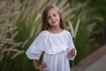 Young little girl with long hair, white dress lonely walking in field and collecting flowers for a bouquet. little girl with a Royalty Free Stock Photo