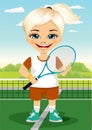 Young little girl with racket and ball on tennis court smiling Royalty Free Stock Photo