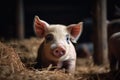 a young little pig stands in straw on a farm. household