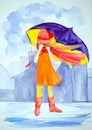 A young lonely girl with a purple big umbrella stands in the rain in the city among the buildings. Dressed in a light orange dress Royalty Free Stock Photo