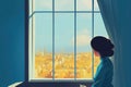 young lonely woman watching out the window, vector illustration, ai generated image