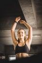 Young long blond woman attractive fitness exercise workout in gym. Royalty Free Stock Photo