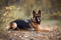 Young long haired female german shepherd dog lies on the road and licks lips and nose with tongue out