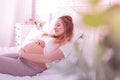 Young long-haired pregnant woman in a white t-shirt looking peaceful Royalty Free Stock Photo