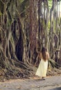 A woman is walking near a tree Royalty Free Stock Photo