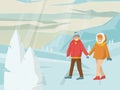 Young lovely couple character male female walking winter national park wife and husband outdoor travel flat vector