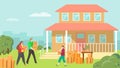 Young lovely family moving new country house, people character together carry stuff and carton box flat vector