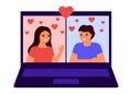 Young lover couple meet distance in video call online. Remote communication with hearts by internet from home. Man and