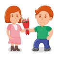 Young lover male give bouquet flower to female character, lovely people couple, standing together cartoon vector illustration,