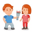 Young lover male give bouquet flower to female character, lovely people couple, standing together cartoon vector illustration,