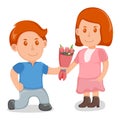 Young lover male give bouquet flower to female character, lovely people couple, standing together cartoon vector illustration,