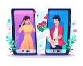 Young lover man giving flowers to her girlfriend through a smartphone. Online dating and virtual relationships concept