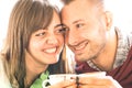 Young lovers couple at beginning of love story in coffee bar - Handsome man drinking cappuccino with pretty woman Royalty Free Stock Photo