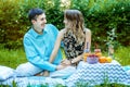 Young lovers have a couple on the picnic. Guy and girl in the pa Royalty Free Stock Photo