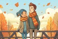 young lovers standing on a bridge, scarf around both