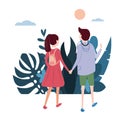 Young loving couple goes holding hands, on their business. Background flora flowers floral leaves. Trend design flat Royalty Free Stock Photo