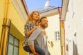 Young loving couple have dating outdoor. Man and woman walking in a city streets. Love, relations and date concept. Royalty Free Stock Photo