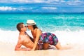 Young loving couple having fun in the tropical beach Royalty Free Stock Photo