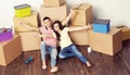 Young loving couple moving to a new house. Home and family concept. Royalty Free Stock Photo