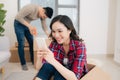 Young loving couple moving to a new house. Home and family concept Royalty Free Stock Photo