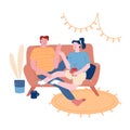 Young Loving Couple Sitting on Couch in Living Room Drinking Tea, Chatting. Male Female Characters Together on Weekend