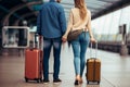 A young loving couple of tourists waiting for a plane flight. Man and woman with suitcases at the airport. Concept: travel, Royalty Free Stock Photo