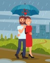 Young loving couple walking by park in rain, man holding umbrella. City buildings on background. Flat vector design Royalty Free Stock Photo