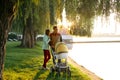 A young loving family walks by the lake with a stroller. Smiling parents couple with baby pram in autumn park. Love, parenthood, f