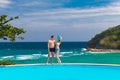 Young loving happy couple on tropical beach. summer vacation co Royalty Free Stock Photo