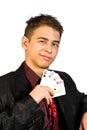 Young lucky gambler with cards Royalty Free Stock Photo