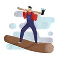 Young lumberjack with overalls and goggles stands on the trunk of a felled tree with an axe