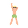 Young Lying Blond Man in Sunglasses with Raised Hand View from Above Vector Illustration