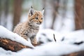 young lynx cub exploring snowy forest floor